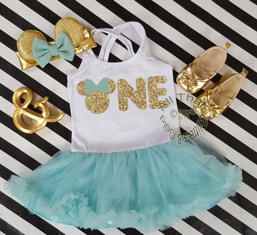 Mint and Gold Glitter 2pc Minnie One Year Old Birthday Tutu Dresses For Toddler Girls
