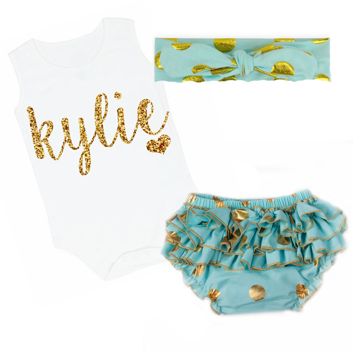 Cute Mint and Gold Personalized Baby Girl Polka Dot Ruffled Bloomer Outfit