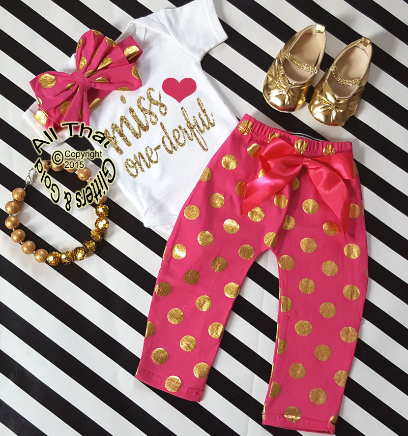 Hot Pink and Gold Polka Dot Miss One-derful One Year Birthday Outfits For Baby Girls