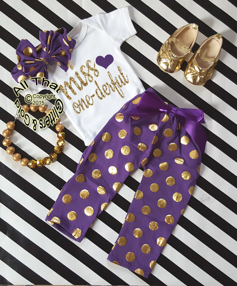 Purple and Gold Polka Dot Miss One-derful One Year Birthday Outfits For Baby Girls