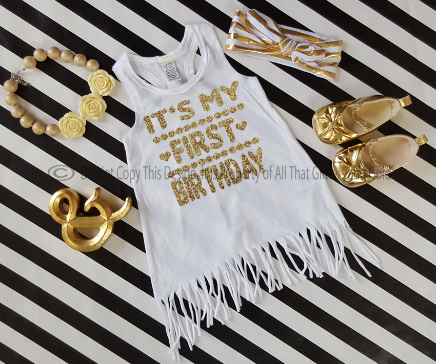 White and Gold It's My First Birthday Dress For Baby Girls