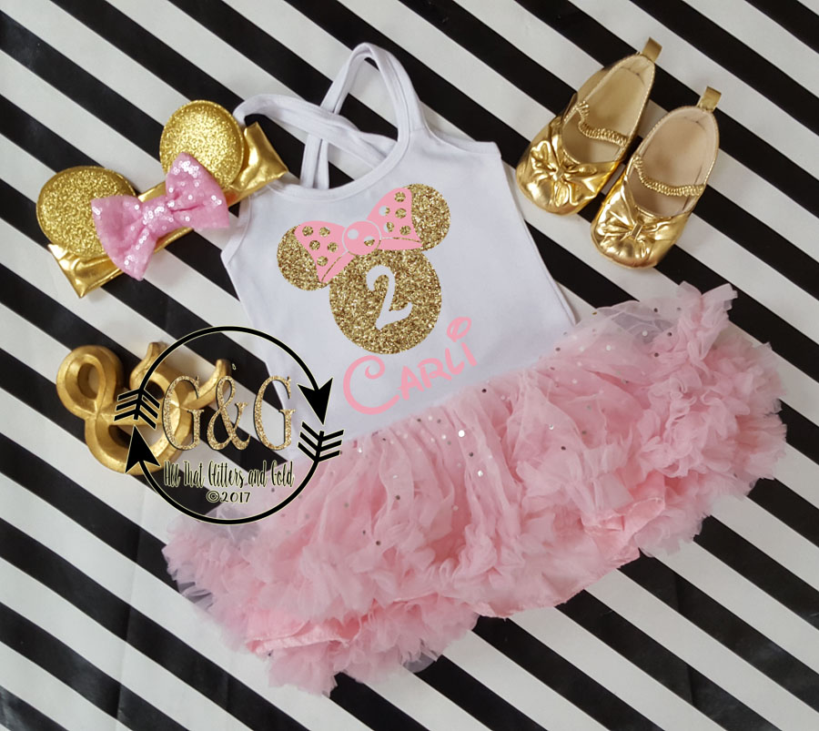 Pink and Gold Personalized Glitter 2pc Mouse Tutu Dresses For Toddler Girls Age 1- 3