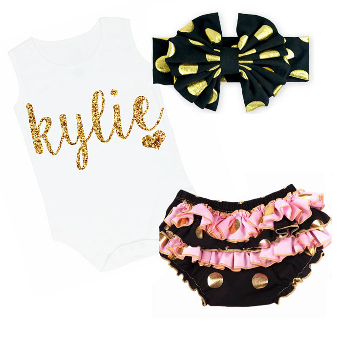 Cute Black, Pink and Gold Personalized Baby Girl Ruffled Bloomer Outfit