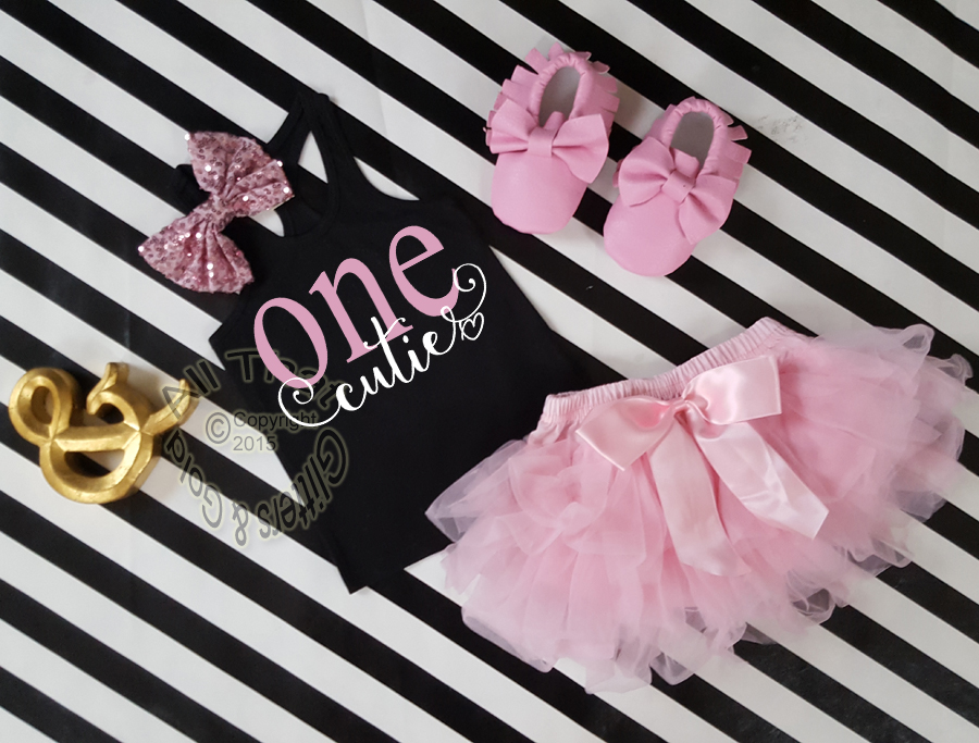 Black and Pink One Cutie Year Old Birthday Outfit With Pink Tutu Skirt
