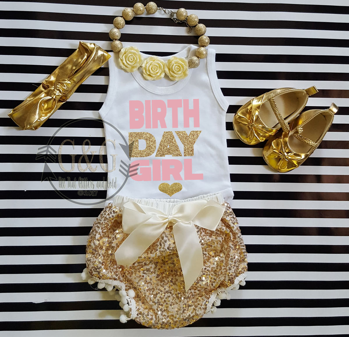 Pink, Ivory and Gold Birthday Girl Outfit With Gold Sequin Pom Pom Bloomers Ages 1 to 3