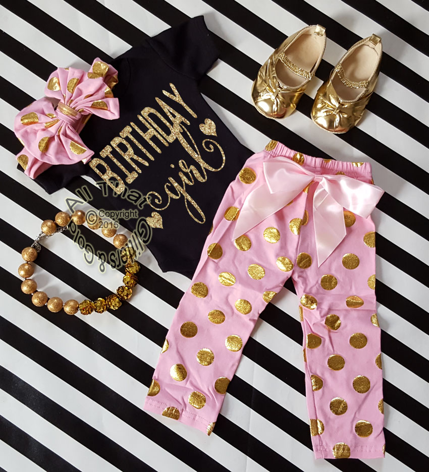 Pink, Black and Gold Polka Dot One Year Old Birthday Girl Pants Outfits For Baby Girls