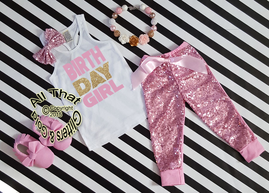 Pink and Gold Birthday Girl Sequin Birthday Pants Outfit