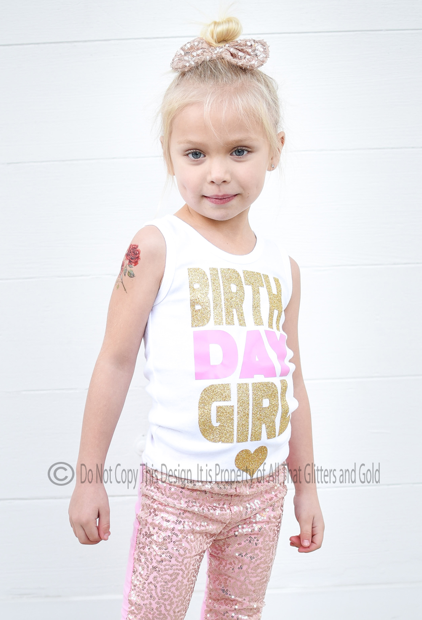 Pink and Gold Glitter Birthday Girl Shirt For Girls