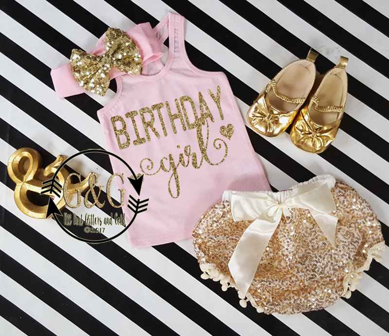 Pink and Gold Birthday Girl Outfit With Gold Sequin Pom Pom Bloomers Ages 1 to 3