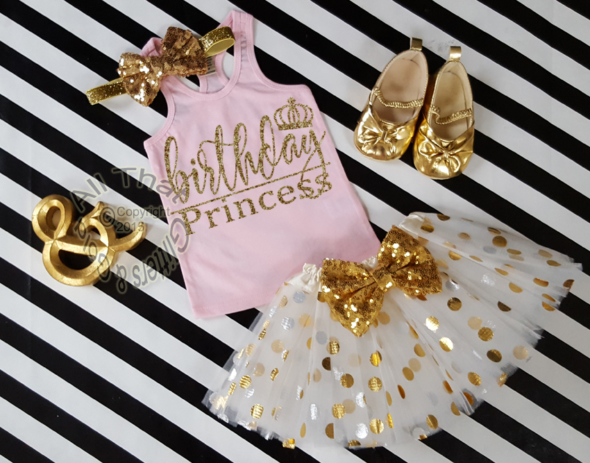 3 pc Pink and Gold Birthday Princess Polka Dot Birthday Tutu Outfit Age 1-6