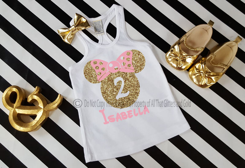Pink and Gold Glitter Minnie Birthday Shirts For all Ages