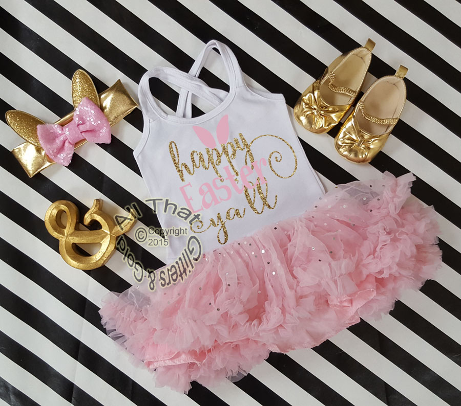 Pink and Gold Glitter 2pc Happy Easter Tutu Dresses For Toddler Girls Age 1-4