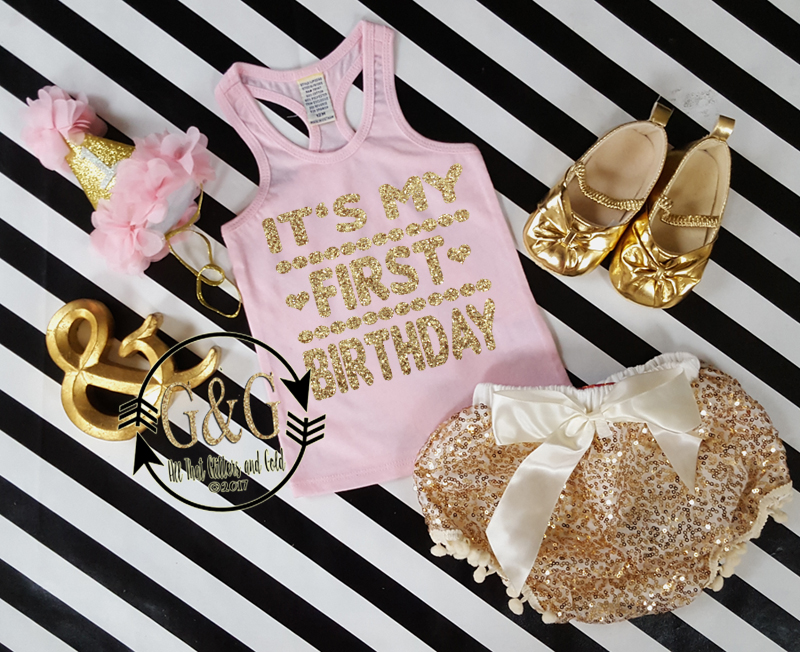 Pink and Gold It's My First Birthday Outfit With Gold Sequin Pom Pom Bloomers