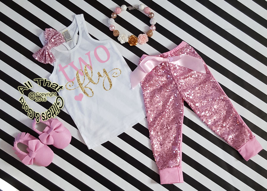 Pink and Gold Two Fly Sequin Birthday Pants Outfit