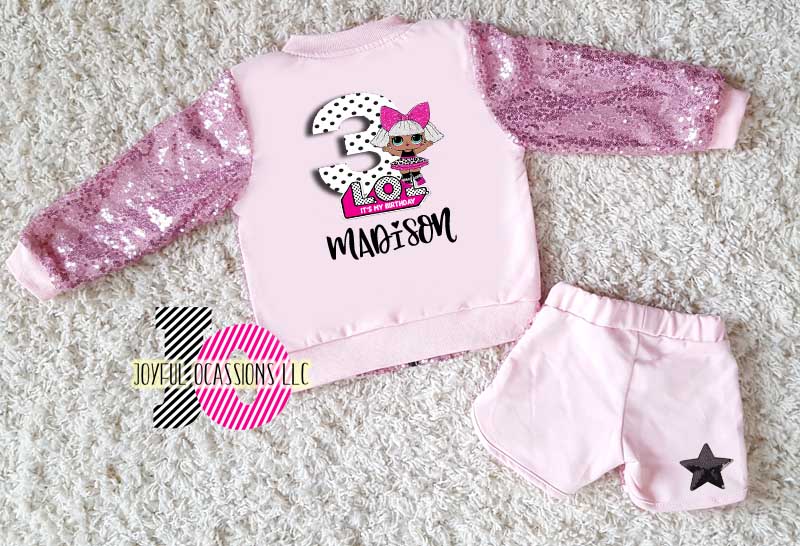 2 Piece Pink and Black Sequin LOL Surprise Birthday Shorts Outfit Ages 1 - 5