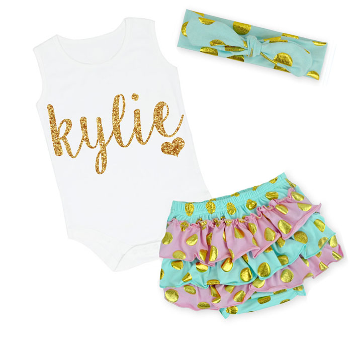 Cute Mint, Pink and Gold Personalized Baby Girl Polka Dot Ruffled Bloomer Outfit