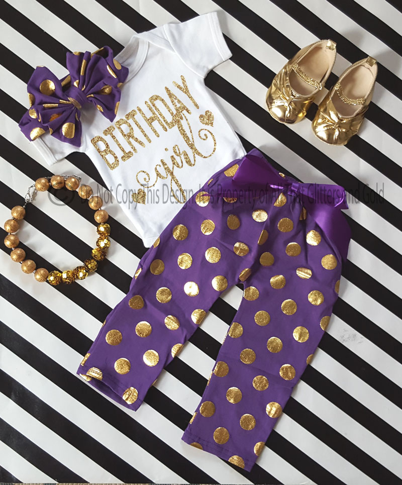 Purple and Gold Polka Dot One Year Old Birthday Girl Pants Outfits For Baby Girls