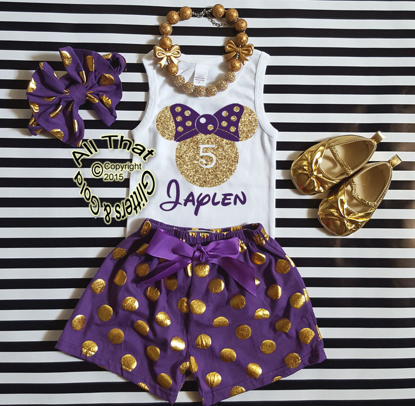 Personalized Purple and Gold Minnie Birthday Shorts Outfits For Toddlers