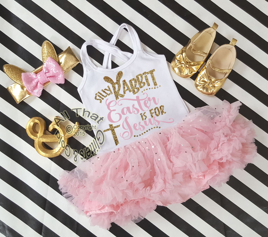 Pink and Gold Glitter 2pc Silly Rabbit Easter Is for Jesus Tutu Dresses For Toddler Girls Age 1-4