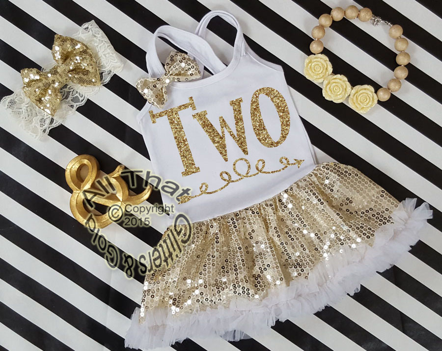 White and Gold Sequin Two Year Old Birthday Tutu Dresses For Toddler Girls