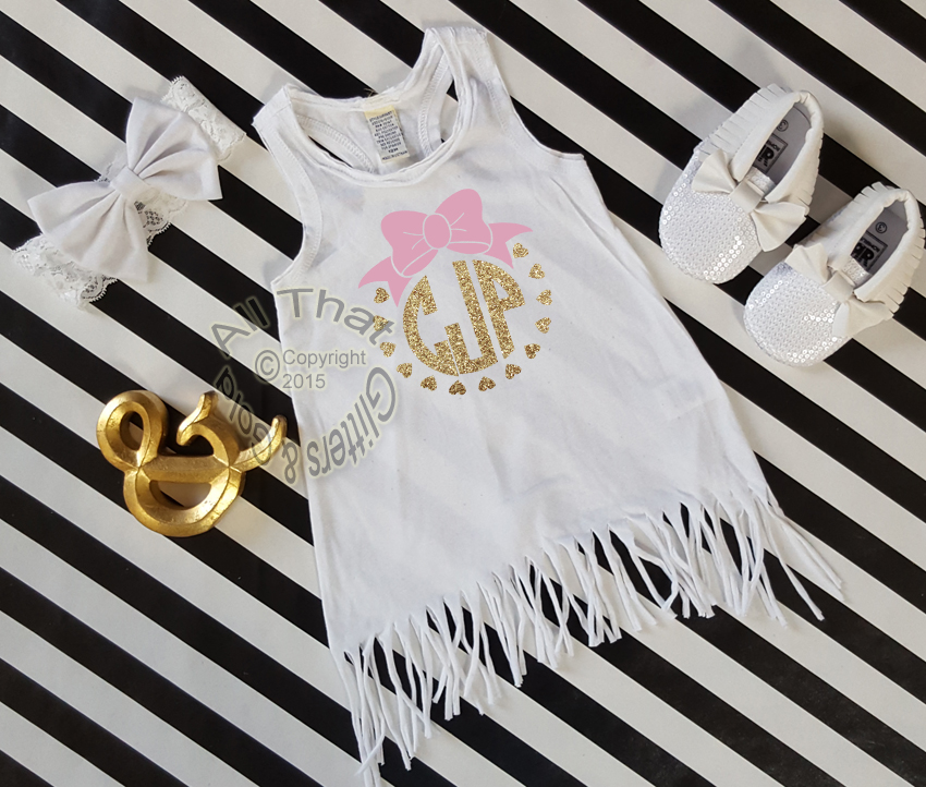 Monogrammed White, Pink and Gold Baby Girls and Little Girls Fringe Dress