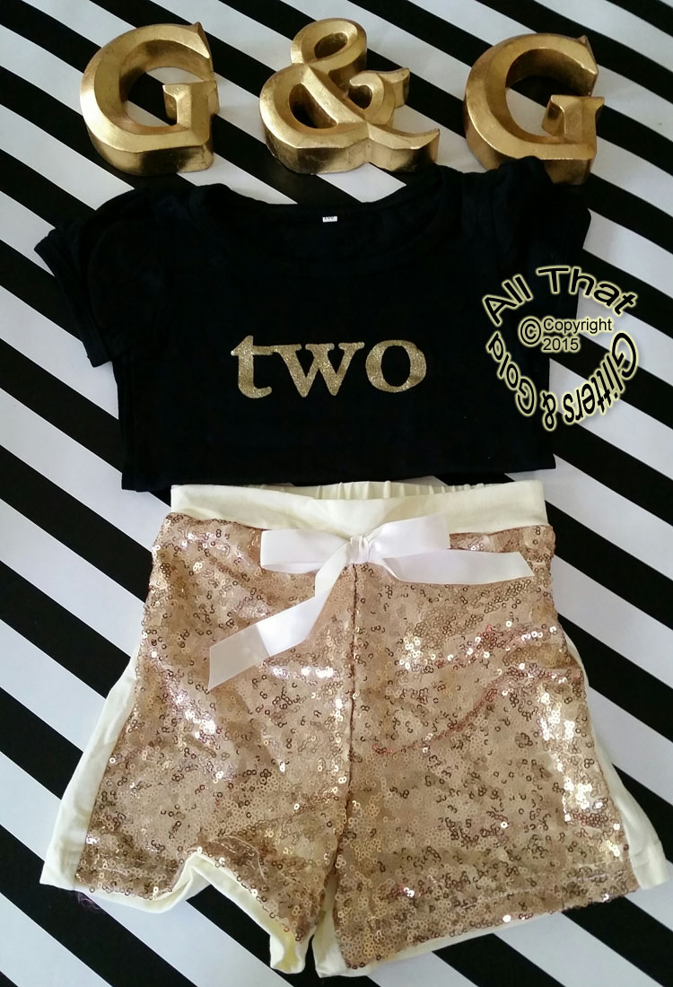 Black and Gold 2nd, 3rd Year Birthday Outfit With Gold Sequin Shorts