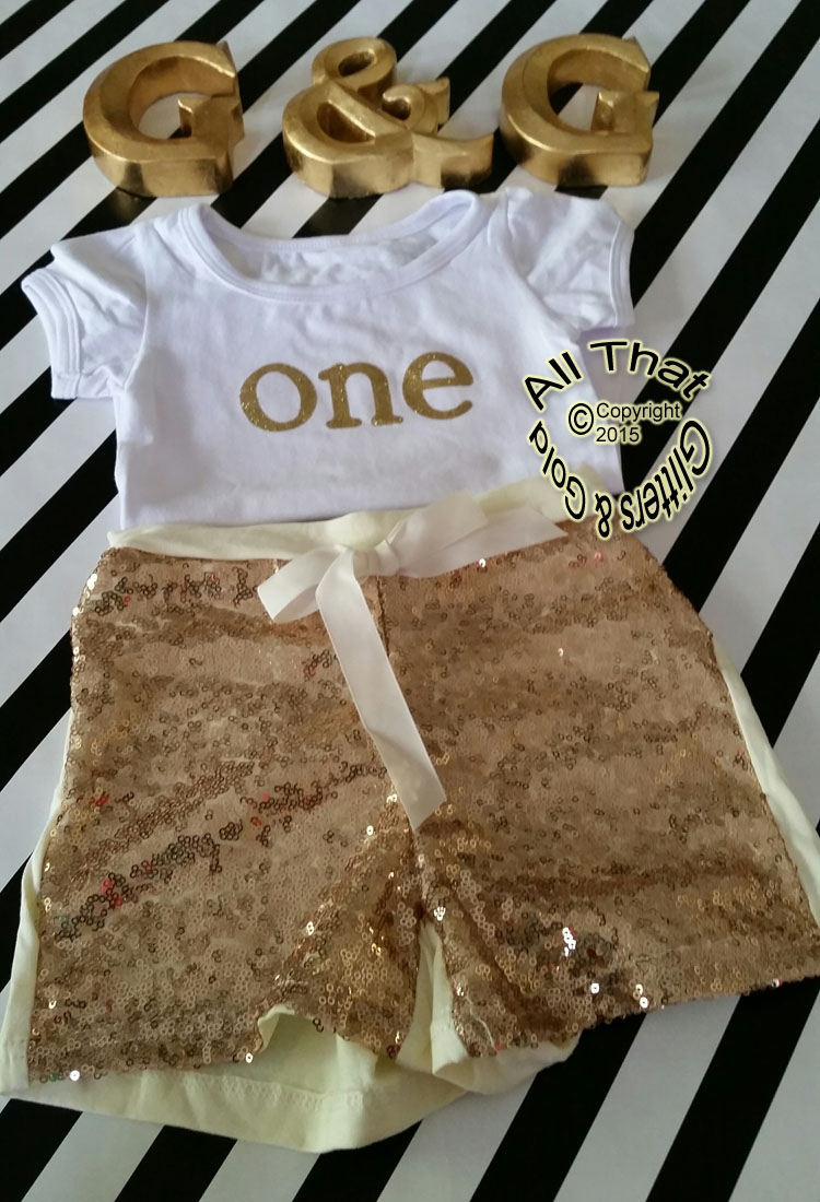 White and Gold One 1st Birthday Outfit With Gold Sequin Shorts