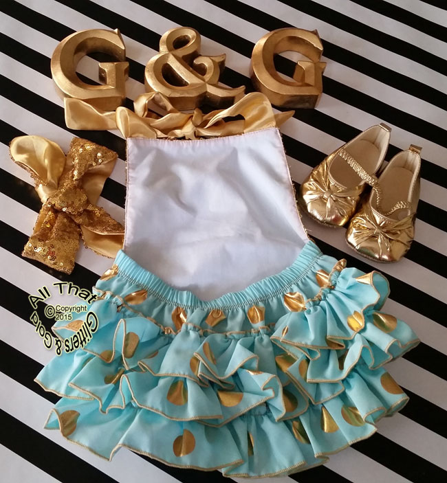 Cute Mint and Gold Sequin Polka Dot Baby and Little Girl Ruffle Romper