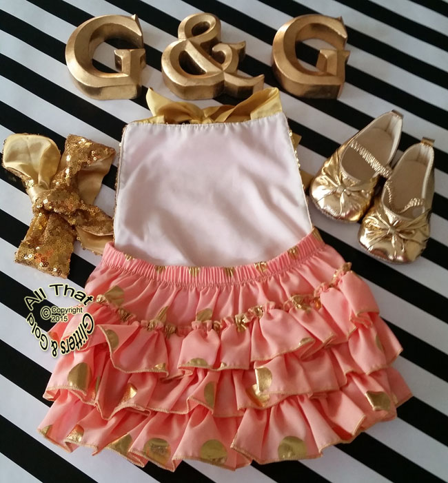 Cute Peach and Gold Sequin Polka Dot Baby and Little Girl Ruffle Romper
