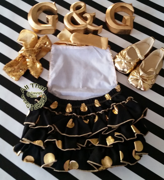 Cute Black and Gold Sequin Polka Dot Baby and Little Girl Ruffle Romper