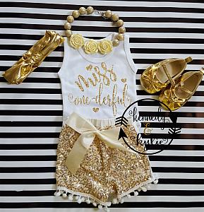 Ivory and Gold Miss One-derful With Gold Sequin Pom Pom Shorts