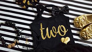 Black and Gold Glitter Two 2nd Birthday Tutu Dresses For 2 Year Old Toddler Girls