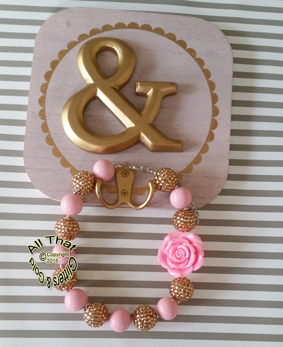 Pink and Gold Glitter Sparkly Chunky Baby Girls, Little Girls and Women's Flower Necklace