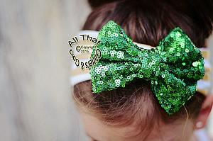 Baby and Little Girls Gold and White Striped Green Sequin 4.5 Inch Big Bow Headbands