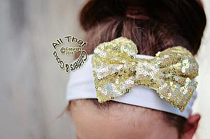 Baby and Little Girls White and Gold Sequin 4 Inch Big Bow Headbands
