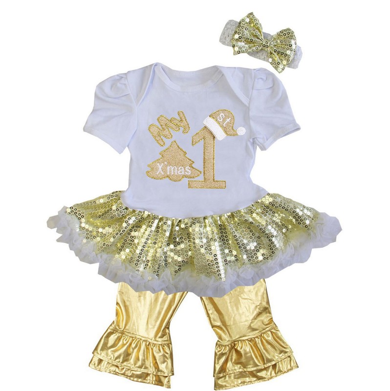 White and Metallic Gold 3 Pc My 1st Christmas Baby Girl Pants Outfit