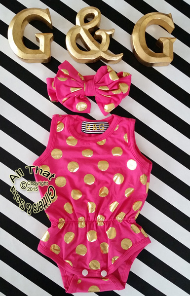 Hot Pink and Gold Polka Dot Baby Girls & Little Girls Tank Sleeveless Bodysuits Rompers