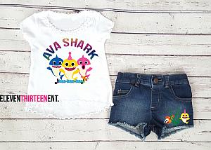 Baby Shark Birthday Outfit With Denim Shorts For Girls