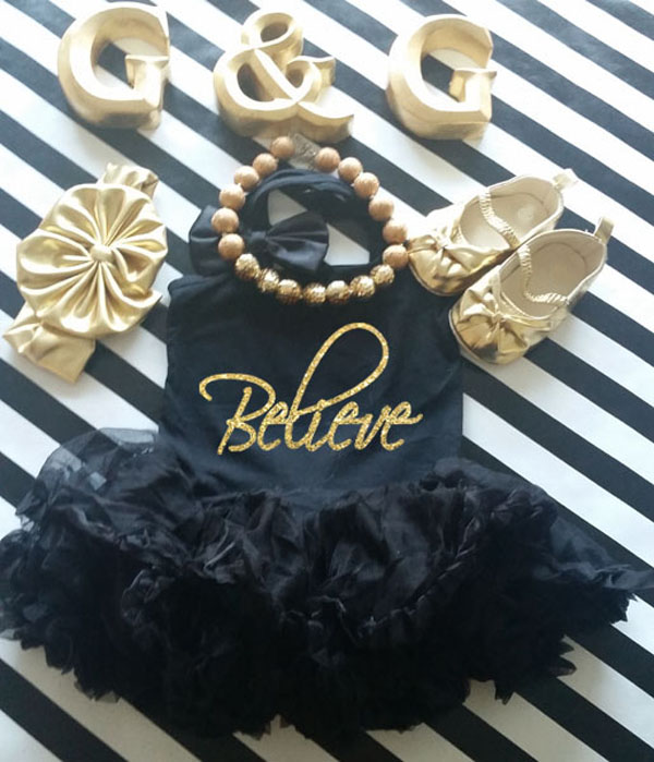 Black and Gold Glitter Believe Christmas Tutu Dress For Little Girls