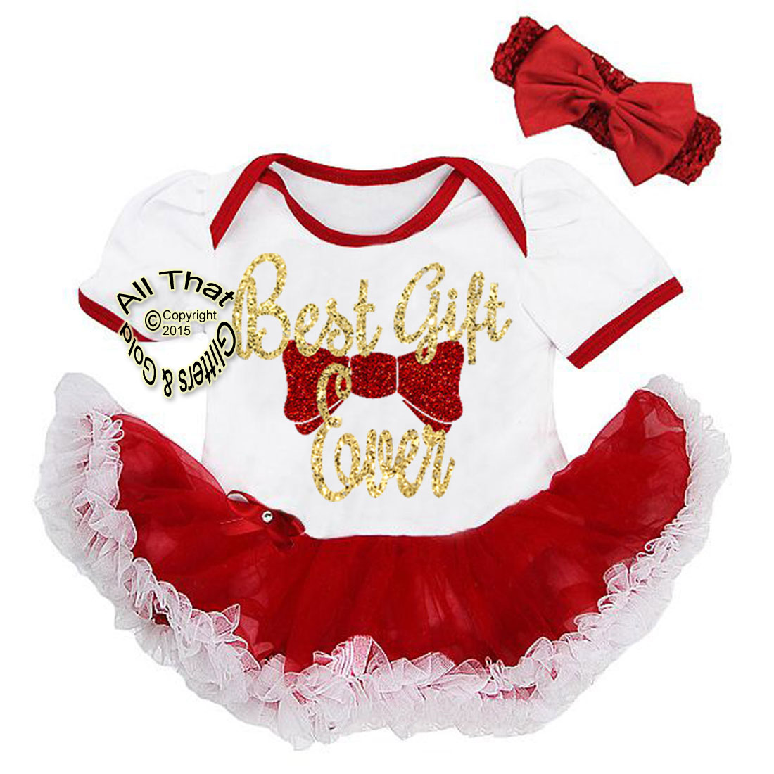 Cute 2 Piece Red and White Glitter Best Gift Ever Christmas Outfit For Baby Girls