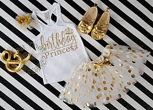 3 pc White and Gold Birthday Princess Polka Dot Birthday Tutu Outfit Age 1-6