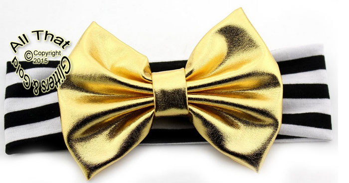 Baby and Little Girls Black and White Striped Gold Metallic 5 Inch Big Bow Headbands