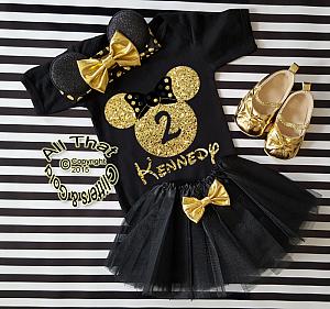 Black and Gold Glitter Birthday Minnie Birthday Tutu Outfit Age 1 to 6