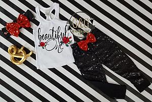 Black and Red Sequin Beautiful One Birthday Pants Outfit Watercolor Roses