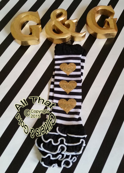 Black and White Striped Gold Heart Girls Leg Warmers