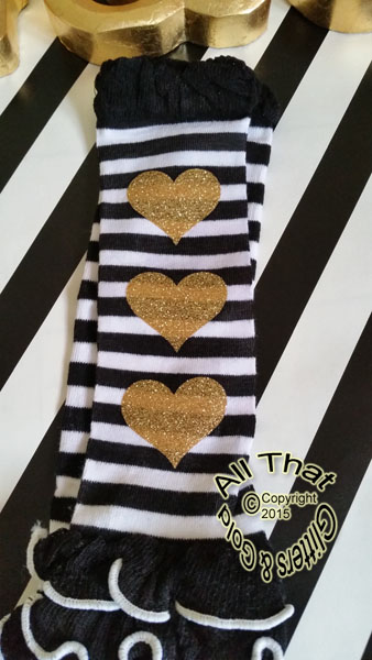 Black and White Striped Gold Heart Girls Leg Warmers