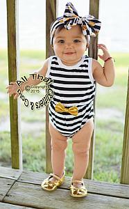 Black, White and Gold Striped Baby Girls Tank Sleeveless Bodysuits Rompers