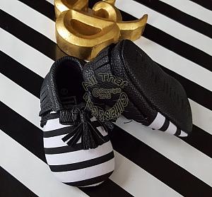 Black and White Striped Soft Soled Baby Girl Moccasin Shoes With Tassels