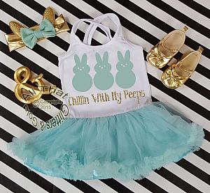 Mint and Gold Glitter 2pc Chillin With My Peeps Tutu Dresses For Toddler Girls Age 1-4