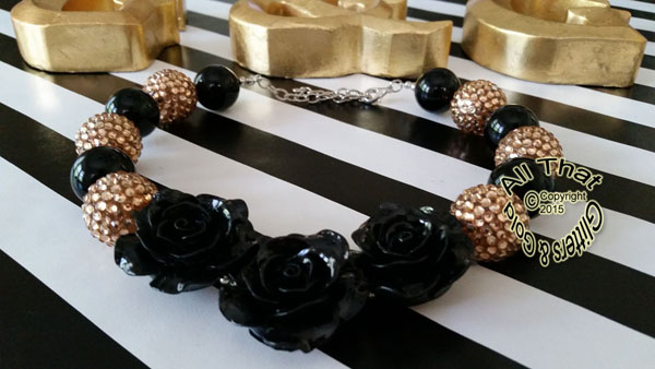 Black and Gold Three Roses Glitter Chunky Baby Girls, Little Girls and Women's Necklace